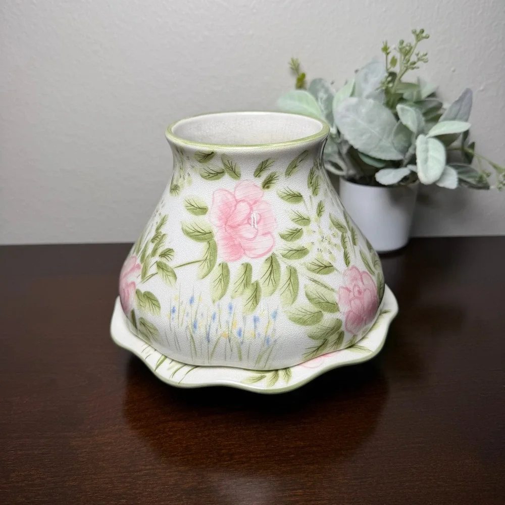 Yankee Candle Floral Rose Ceramic Large‎ Jar Shade and Tray Set Pink Green White
